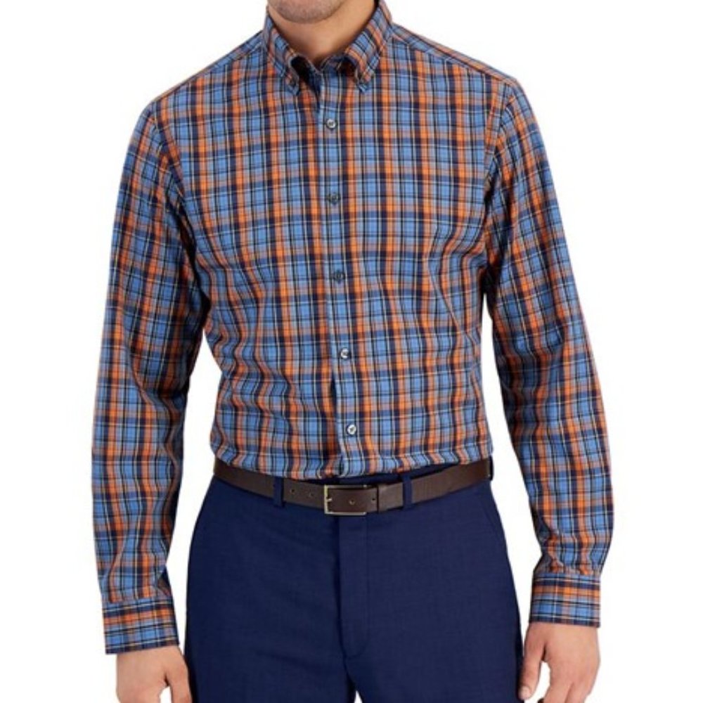 Club Room Mens Slim Fit 4Way Stretch Plaid Dress Shirt NWT